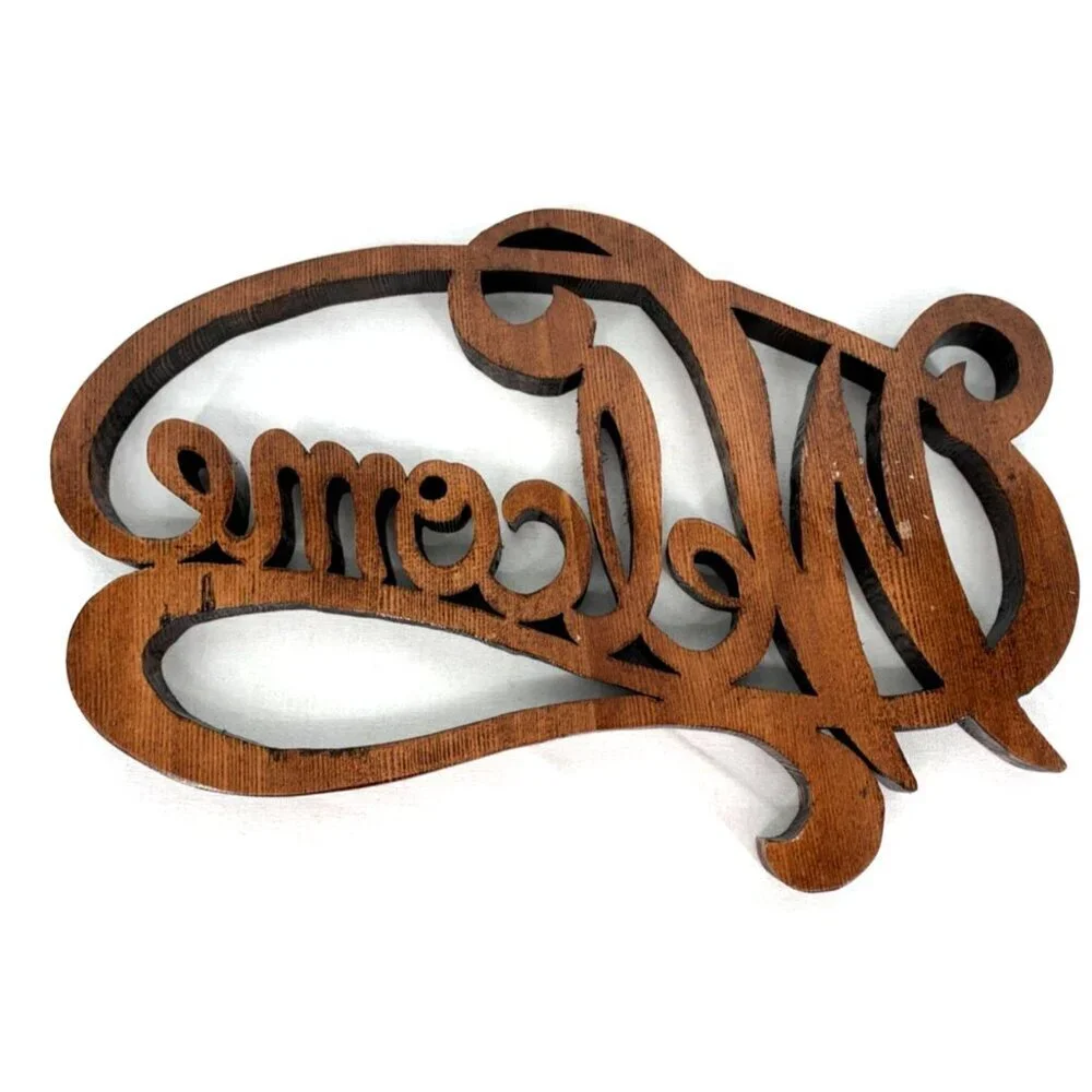 Welcome Sign Cut Wood Script Lettering Brown Wall Decor Handcrafted 13